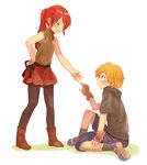  1boy 1girl blonde_hair blue_eyes boots child chuu couple crying green_eyes happy jaune_arc long_hair open_mouth pantyhose ponytail pyrrha_nikos red_hair rwby short_hair skirt smile sora_(efr) tied_hair 