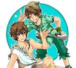  2boys blue_eyes brown_eyes brown_hair cosplay crossdressing disney flower hat looking_at_viewer male_focus multiple_boys necklace one_eye_closed pants peter_pan peter_pan_(character) peter_pan_(disney) ponytail shin_sangoku_musou shin_sangoku_musou_7 shirt smile teeth xiahou_ba zhong_hui 