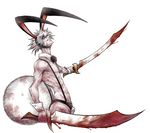  1boy abs animal_ears artist_request black_neckwear black_sclera blood bowtie bunny_boy bunny_ears bunny_tail detached_collar dual_wielding evil_smile fangs holding holding_sword holding_weapon juuni_taisen looking_at_viewer male male_focus muscle official_art pale_skin scimitar sharp_teeth short_shorts simple_background smile solo spiked_hair suspender_shorts suspenders sword upper_body usagi_(juuni_taisen) weapon white_background white_hair wrist_cuffs 