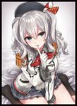  = ascot bed beret black_legwear border breasts epaulettes finger_to_mouth frilled_sleeves frills gloves hair_between_eyes hat highres kantai_collection kashima_(kantai_collection) large_breasts long_hair military military_uniform miniskirt no_shoes on_bed pleated_skirt shirako_miso sidelocks silver_hair sitting sitting_on_bed skirt smile solo tsurime twintails uniform v_arms wariza wavy_hair white_gloves 