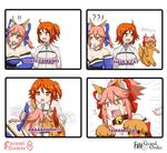 2girls :3 :d ?? ahoge animal_ears bare_shoulders blush breasts cat chaldea_uniform character_name cleavage comic commentary copyright_name d: english eyebrows_visible_through_hair fate/extra fate/grand_order fate_(series) fox_ears fujimaru_ritsuka_(female) hair_between_eyes hair_ribbon highres hiss holding holding_cat jacket keita_naruzawa large_breasts left-to-right_manga motion_lines multiple_girls one_side_up open_mouth orange_eyes orange_hair parody paws pen-pineapple-apple-pen pink_hair ponytail ribbon sharp_teeth slit_pupils smile standing surprised sweat tamamo_(fate)_(all) tamamo_cat_(fate) tamamo_no_mae_(fate) teeth v-shaped_eyebrows white_jacket 