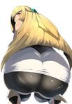  ass ass_focus bad_id bad_twitter_id bangs bare_shoulders black_legwear blonde_hair blush commentary_request dress eyebrows_visible_through_hair from_behind green_eyes hair_over_one_eye high_heels highres long_hair looking_at_viewer looking_back lusamine_(pokemon) nuezou pantylines parted_lips pokemon pokemon_(game) pokemon_sm shiny shiny_hair short_dress simple_background sleeveless sleeveless_dress solo squatting teeth very_long_hair white_background 