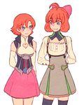  2girls ahoge blue_eyes bow breasts chuu dress freckles multiple_girls nora_valkyrie orange_hair penny_polendina rwby short_hair skirt smile sora_(efr) thighhighs 