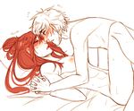  1boy 1girl bed blonde_hair blush breasts couple eyes_closed jaune_arc long_hair nipples pillow pyrrha_nikos red_hair rwby 