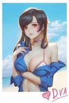  alternate_breast_size artist_request bangs bare_shoulders beach bikini_top black_hair blue_sky breast_hold breasts brown_eyes character_name choker cleavage cloud d.va_(overwatch) day detexted facial_mark heart highres large_breasts lips long_hair navel off_shoulder open_clothes open_shirt outdoors overwatch parted_lips photo_(object) shirt sky solo sweat swept_bangs third-party_edit white_bikini_top 