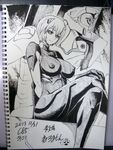  1girl ayanami_rei bodysuit breasts curvy dated female large_breasts mecha monochrome neon_genesis_evangelion neroma_shin nipples photo short_hair sitting solo sweat traditional_media 