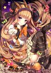  &gt;:) bad_id bad_pixiv_id bangs black_legwear blonde_hair blush cagliostro_(granblue_fantasy) candy cape commentary_request crown food granblue_fantasy grin halloween halloween_costume heart highres homaderi hood layered_skirt long_hair looking_at_viewer puffy_short_sleeves puffy_sleeves purple_eyes shirt short_sleeves smile solo thighhighs v-shaped_eyebrows white_shirt yellow_neckwear 