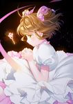  antenna_hair black_background brown_hair cardcaptor_sakura choker dajyu dress floating floating_hair floating_object from_side hair_ribbon half-closed_eyes hands_clasped hoshi_no_tsue key kinomoto_sakura magical_girl own_hands_together petticoat pink_ribbon profile puffy_short_sleeves puffy_sleeves ribbon short_hair short_sleeves solo two_side_up white_dress wind 