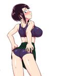  1girl alternate_breast_size ass back bare_shoulders bike_shorts blush boku_no_hero_academia breasts crop_top earplugs from_behind hand_on_hips highres jirou_kyouka kitsune-tsuki_(getter) large_breasts looking_back midriff navel nervous purple_eyes purple_hair short_hair shorts_under_skirt solo sweat 