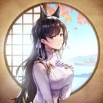  aiguillette anbe_yoshirou animal_ears artist_name atago_(azur_lane) autumn_leaves azur_lane bangs black_hair breasts brown_eyes closed_mouth commentary_request dated extra_ears eyebrows_visible_through_hair from_side gloves hand_on_own_chest highres indoors large_breasts light_smile long_hair looking_at_viewer mole mole_under_eye ocean ship signature smile solo swept_bangs upper_body watercraft white_gloves window 