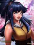  aerlixir artstation_username bangs black_hair blue_eyes blurry blurry_background cherry_blossoms depth_of_field deviantart_username facial_mark highres hood hoodie lipstick long_hair looking_at_viewer makeup naruto naruto_(series) older open_mouth parted_lips ponytail red_lipstick sash signature smile solo uzumaki_himawari whisker_markings 