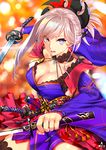  blue_eyes breasts collarbone covered_nipples dual_wielding earrings fate/grand_order fate_(series) fighting_stance floral_print hair_ornament highres holding infinote japanese_clothes jewelry katana kimono large_breasts leaf_print long_sleeves looking_at_viewer magatama maple_leaf_print miyamoto_musashi_(fate/grand_order) open_mouth ponytail sheath sheathed silver_hair solo sword thighhighs unsheathed weapon 