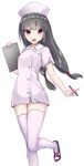  :d bangs black_hair blunt_bangs blush clipboard eyebrows_visible_through_hair hat holding holding_pen leg_up long_hair looking_at_viewer low-tied_long_hair low_twintails nurse nurse_cap open_mouth original pen pink_legwear red_eyes short_sleeves simple_background smile solo standing standing_on_one_leg tenrai thighhighs twintails very_long_hair white_background 