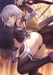  ass bandages bare_shoulders black_panties blurry depth_of_field dual_wielding elizabeth_tower eyebrows_visible_through_hair fate/apocrypha fate_(series) green_eyes highres holding jack_the_ripper_(fate/apocrypha) looking_at_viewer mashu_003 panties reverse_grip scar short_hair silver_hair slit_pupils solo thighhighs underwear 