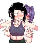  2girls armpits bare_shoulders blue_hair blush boku_no_hero_academia breasts character_request crop_top earplugs jirou_kyouka kitsune-tsuki_(getter) midriff multiple_girls navel nervous outstretched_arms purple_eyes purple_hair red_eyes short_hair skirt small_breasts sweatdrop yuri 