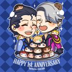  &gt;_&lt; ^_^ anniversary black_hair blush_stickers candle character_doll checkered checkered_background christophe_giacometti closed_eyes copyright_name dated emil_nekola english georgi_popovich hair_slicked_back highres intan_putri_pratiwi jean-jacques_leroy ji_guang-hong katsuki_yuuri lee_seung-gil leo_de_la_iglesia makkachin male_focus merchandise michele_crispino mila_babicheva minami_kenjirou multiple_boys omanjuu_mascot open_mouth otabek_altin phichit_chulanont plate sara_crispino silver_hair smile sparkle viktor_nikiforov yuri!!!_on_ice yuri_plisetsky 