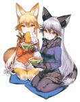  animal_ears banned_artist black_bow black_gloves black_hair black_legwear black_neckwear black_skirt blazer blonde_hair blush bow bowtie breasts brown_eyes commentary_request cup_ramen cushion eating eyebrows_visible_through_hair ezo_red_fox_(kemono_friends) fang food_in_mouth fox_ears fox_tail full_body fur_trim gloves grey_background hair_between_eyes holding jacket kemono_friends kissai korean long_hair long_sleeves looking_at_viewer medium_breasts miniskirt mouth_hold multicolored_hair multiple_girls open_mouth orange_eyes pantyhose pillow pleated_skirt seiza silver_fox_(kemono_friends) silver_hair simple_background sitting skirt streaked_hair tail two-tone_hair very_long_hair wariza white_bow white_neckwear white_skirt yellow_eyes yellow_legwear 