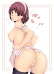  anus apron arm_garter ass black_legwear blush border breasts brown_eyes brown_hair english heart highres ixmmxi large_breasts looking_back maid_headdress naked_apron nipples one_side_up open_mouth original presenting pussy pussy_juice short_hair solo tears thighhighs trembling uncensored 