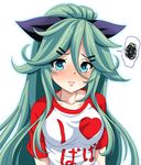  3: aqua_eyes aqua_hair blush breasts clothes_writing commentary_request hair_between_eyes hair_ornament hair_ribbon hairclip i_heart... kantai_collection long_hair looking_at_viewer medium_breasts pointy_ears raglan_sleeves ribbon shirt simple_background solo spoken_squiggle squiggle t-shirt tk8d32 translated white_background yamakaze_(kantai_collection) 