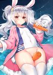  animal_ears azur_lane bottomless breasts bunny_ears bunny_tail carrot covered_navel covered_nipples dated fingernails food fur_trim hairband highres holding holding_food holding_vegetable jacket laffey_(azur_lane) long_hair looking_at_viewer open_clothes open_jacket pink_jacket pussy_peek red_eyes sasachin_(k+w) small_breasts solo tail thighhighs twintails white_hair white_legwear 