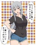  alternate_costume black_shirt blush bokota_(bokobokota) breasts brown_eyes casual checkered checkered_background commentary_request contemporary denim denim_shorts facial_scar gangut_(kantai_collection) grey_hair hair_between_eyes hair_ornament hairclip hand_on_hip kantai_collection large_breasts long_hair looking_at_viewer open_mouth plaid plaid_background scar scar_on_cheek shirt short_sleeves shorts solo translated triangle_mouth 
