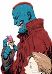  bandage_on_face blue_eyes blue_skin brown_hair facial_hair father_and_son fingerless_gloves gloves guardians_of_the_galaxy highres jacket laughing male_focus marvel miwa_shirou multiple_boys peter_quill red_jacket stubble troll_doll yondu_udonta younger 