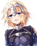  40_(0f0urw) :d absurdres blonde_hair blue_eyes blush braid breasts chain fate/apocrypha fate_(series) headpiece highres jeanne_d'arc_(fate) jeanne_d'arc_(fate)_(all) long_hair medium_breasts open_mouth simple_background single_braid smile solo upper_body white_background 