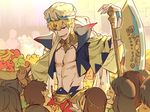  apple banana bare_chest blonde_hair blush bowl chain child commentary crowd dark_skin dashi_(minzoku_gb) earrings faceless fate/grand_order fate_(series) food fruit gilgamesh gilgamesh_(caster)_(fate) hat jewelry multiple_boys multiple_girls orange pale_skin red_eyes short_hair smile solo_focus stuffed_animal stuffed_bunny stuffed_toy 