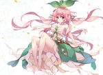  bare_legs bare_shoulders blush breasts brown_eyes cleavage dress granblue_fantasy hair_ornament hair_stick leaf leaf_on_head long_hair looking_at_viewer low_twintails medium_breasts pink_dress pink_hair plant_girl pointy_ears reina_(black_spider) smile solo twintails yggdrasil_(granblue_fantasy) 