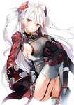  ahoge azur_lane black_gloves black_panties blush breast_press breasts garter_straps gloves grey_jacket grey_legwear hand_on_own_cheek headgear highres iron_cross jacket knee_up large_breasts long_hair long_sleeves looking_at_viewer panties pantyshot pantyshot_(sitting) parted_lips prinz_eugen_(azur_lane) red_eyes sideboob simple_background sitting solo thighhighs umibouzu_(niito) underwear white_background white_hair wide_sleeves 