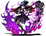  black_hair blue_eyes breasts brown_legwear cleavage divine_gate dress eyebrows_visible_through_hair fire full_body high_heels high_ponytail highres holding holding_weapon jewelry long_hair looking_at_viewer medium_breasts necklace pantyhose purple_dress red_footwear scythe shadow short_dress simple_background sleeveless sleeveless_dress solo ucmm weapon white_background 