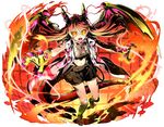  black_shorts crop_top divine_gate dragon_wings fang floating_hair full_body hair_between_eyes highres horns kneehighs long_hair looking_at_viewer midriff navel open_mouth orange_sclera red_hair short_shorts shorts simple_background slit_pupils solo stomach tail ucmm very_long_hair white_background wings yellow_eyes yellow_wings 