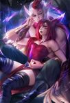  animal_ears cleavage dress league_of_legends rakan sakimichan thighhighs watermark xayah 