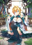  asian_clothes cleavage fate/grand_order jie_laite saber sword thighhighs wet 