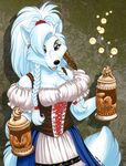  alcohol anthro beer beverage black_nose blue_fur blue_hair breasts bubble canine cleavage clothed clothing dirndl ear_piercing feather_in_hair feathers female fox fur green_eyes hair holding_object lacing long_hair looking_at_viewer mammal megan_giles oktoberfest open_mouth piercing pigtails platinum_blonde ponytail simple_background solo 