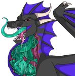  2017 basilisk black_background black_scales claws digital_drawing_(artwork) digital_media_(artwork) dragon duo feral frill garothal hi_res horn internal looking_at_viewer male multicolored_scales open_mouth oral_vore purple_scales red_eyes saliva scales scalie shadowcloud simple_background size_difference smile soft_vore stripes tagme teeth thera tongue tongue_out two_tone_scales vore wings 