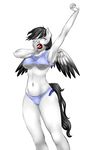  2016 anthro arm_above_head big_breasts black_feathers black_hair breasts clothed clothing covering_mouth cutie_mark digital_media_(artwork) equine fan_character feathered_wings feathers female freckles fur hair lamika mammal my_little_pony navel one_eye_closed open_mouth panties partially_clothed pegasus pia-sama shirt simple_background solo stretching tank_top tongue under_boob underwear white_background white_feathers white_fur wide_hips wings yawn 