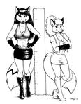  2015 anthro boots breasts canine cleavage clothed clothing duo female footwear fox hair long_hair looking_at_viewer mammal megan_giles midriff miniskirt monochrome navel skirt whiskers 