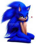  &lt;3 bedroom_eyes black_nose blue_fur claws fur girly green_eyes half-closed_eyes hands_between_legs hedgehog inner_ear_fluff kneeling male mammal nude seductive shadistic smile solo sonic_(series) sonic_the_hedgehog toe_claws watermark 