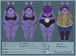  1_eye 2017 anthro big_breasts bludermaus bra breasts clothing curly_hair digital_drawing_(artwork) digital_media_(artwork) english_text female fur green_eyes hair hi_res lagomorph legwear mammal model_sheet multi_eye navel neck_tuft overweight panties purple_fur purple_hair rabbit smile solo standing sweater text thick_thighs tuft underwear 