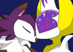  alternate_color canine cute duo eyes_closed fur low_res lunala lycanroc mammal midday_lycanroc ms_paint nintendo nuzzling pok&eacute;mon pok&eacute;mon_(species) purple_fur simple_background unknown_artist video_games 