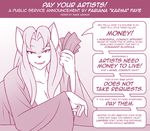  anthro bedroom_eyes breasts cleavage clothed clothing dialogue female half-closed_eyes karma_faye looking_at_viewer mammal marik_azemus34 mature mature_female money public_service_announcement robe seductive 