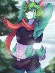  2017 anthro blush bulge cervine clothed clothing crossed_arms deer digital_media_(artwork) forest green_eyes green_hair hair hands_behind_head hi_res inner_ear_fluff looking_at_viewer male mammal midriff muscular muscular_male outside pecs portrait scarf shaded shirokoi skimpy smile snout snow soft_shading solo standing teeth three-quarter_portrait tree 