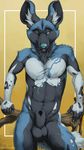  2017 5_fingers african_wild_dog animal_genitalia animal_penis anthro athletic balls black_fur blue_eyes blue_fur blue_nose canine canine_penis eyebrows fingerpads flaccid fur leaning looking_at_viewer male mammal multicolored_fur nude one_eye_closed penis penis_tip pose sheath simple_background smile solo standing tan_background truegrave9 white_fur wink 