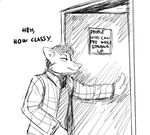  anthro black_and_white canine clothed clothing dialogue doorway english_text fully_clothed hair hladilnik male mammal monochrome text 