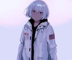  1girl air_kon american_flag black_shirt blue_eyes bob_cut close gradient gray_eyes hood hoodie jacket light_smile nasa nasa_logo open_clothes open_jacket original patch shirt short_hair simple_background solo upper_body white_hair 