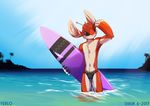  2017 alien antennae anthro athletic black_claws blue_eyes bulge chest_tuft claws clothing dipstick_antennae disney experiment_(species) fan_character ferlo fluffy fur head_tuft hi_res holding_object lilo_and_stitch looking_at_viewer multicolored_fur orange_fur palm_tree partially_submerged pink_nose sea shiuk solo speedo standing surfboard swimsuit tree tropical tuft two_tone_fur water white_fur 