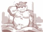  2017 41raco anthro belly blush bulge canine clothing dog erection male mammal moobs moritaka morning_wood slightly_chubby solo tokyo_afterschool_summoners underwear 