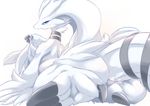  ambiguous_gender blue_eyes fur legendary_pok&eacute;mon lying nintendo on_front open_mouth pok&eacute;mon pok&eacute;mon_(species) reshiram simple_background solo ukan_muri video_games white_background white_fur 