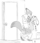  against_wall anthro anthro_on_anthro area_(artist) bottomless butt canine clothed clothing disney door duo female fox grin judy_hopps lagomorph leg_grab line_art male male/female male_penetrating mammal monochrome neck_grab nick_wilde one_eye_closed open_mouth pants_down partially_clothed penetration penis pussy rabbit sex smile vaginal vaginal_penetration zootopia 
